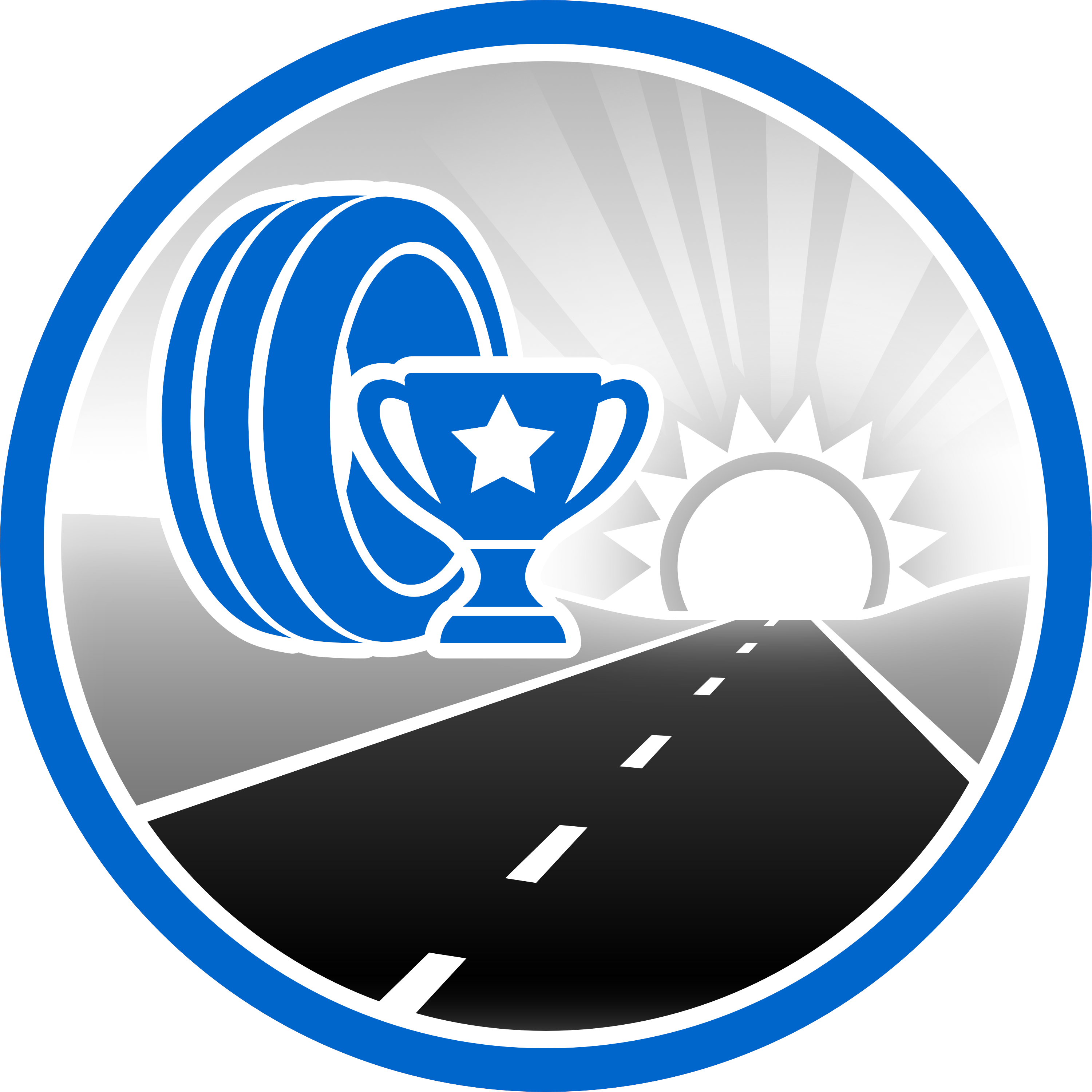 Round seal with a road, a tyre, and a prize