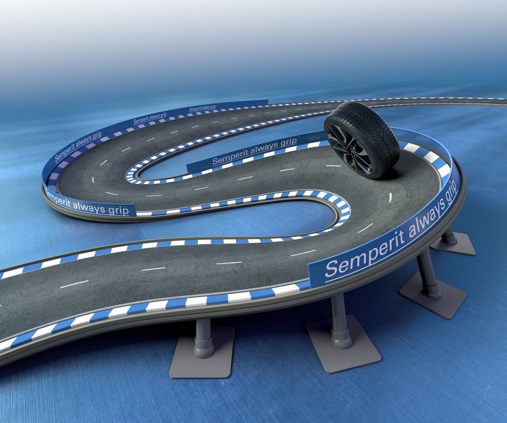 Semperit tyre on a track labelled with "Semperit always grip"