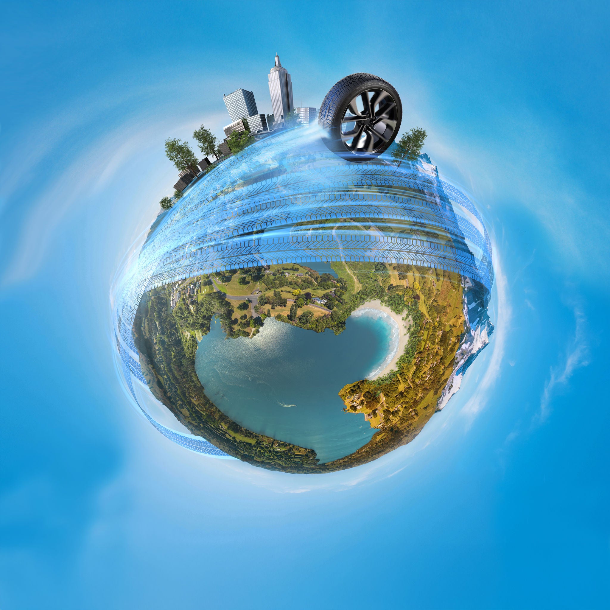 Semperit tyre rolling all around a globe