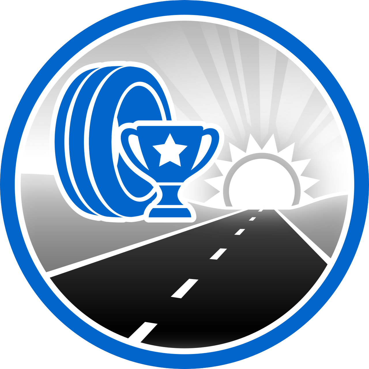 Round seal with a road, a tyre, and a prize
